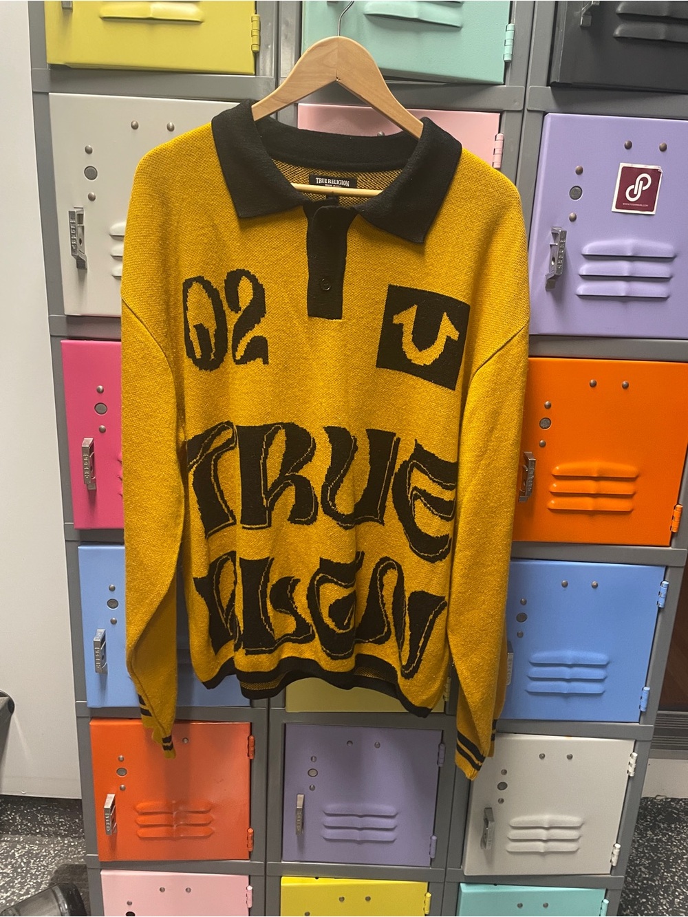 True Religion Men's Mustard Yellow and Black V-Neck Graphic Sweater